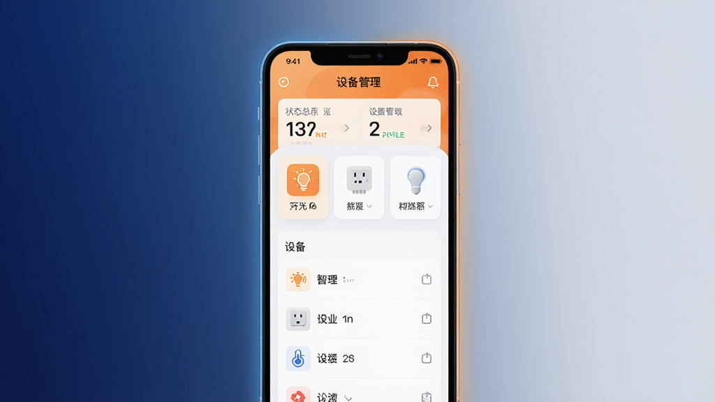 主体为一部智能手机居中放置,屏幕显示橘子智控APP的设备管理主界面,界面中包含灯光、插座、传感器等设备图标卡片,布局采用上下分层结构,上方为状态总览区域,下方为设备列表区域,排版简洁有序,风格为现代科技感UI设计,细节上手机边缘带有柔和光晕,背景为深蓝渐变到浅灰的纯色空间,画质清晰干净,无多余元素