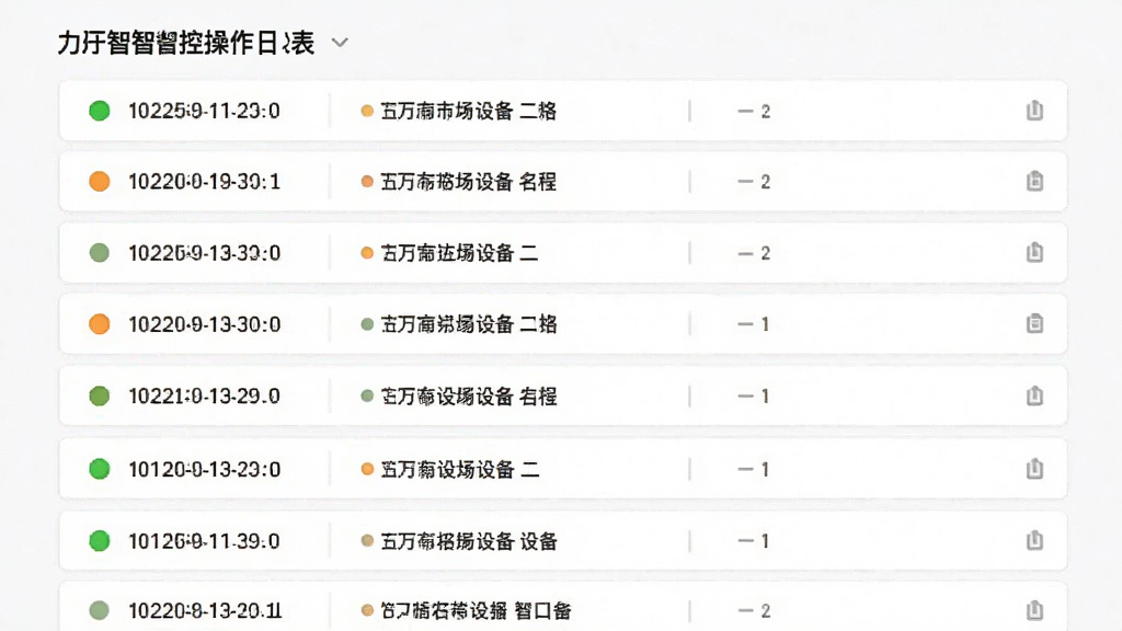主体为橘子智控的操作日志列表界面展示图,画面中排列着多条带有时间戳和设备名称的记录条目,布局为垂直列表式,排版整齐规范,风格为极简商务风,细节上每条记录左侧有状态圆点标识,背景为纯白色,画质清晰干净,无多余元素