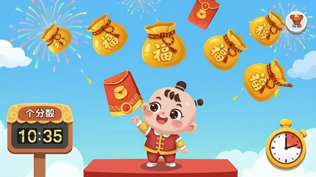 一个卡通萌宝站在红色平台上,天空中落下金色福袋和红包,萌宝伸手去接,画面两侧有计分板和倒计时图标,布局上萌宝位于中央偏下,福袋呈弧线分布,风格为扁平化休闲游戏界面,细节上福袋有绑绳、红包有烫金纹、背景有烟花,画质高清、干净、无多余元素