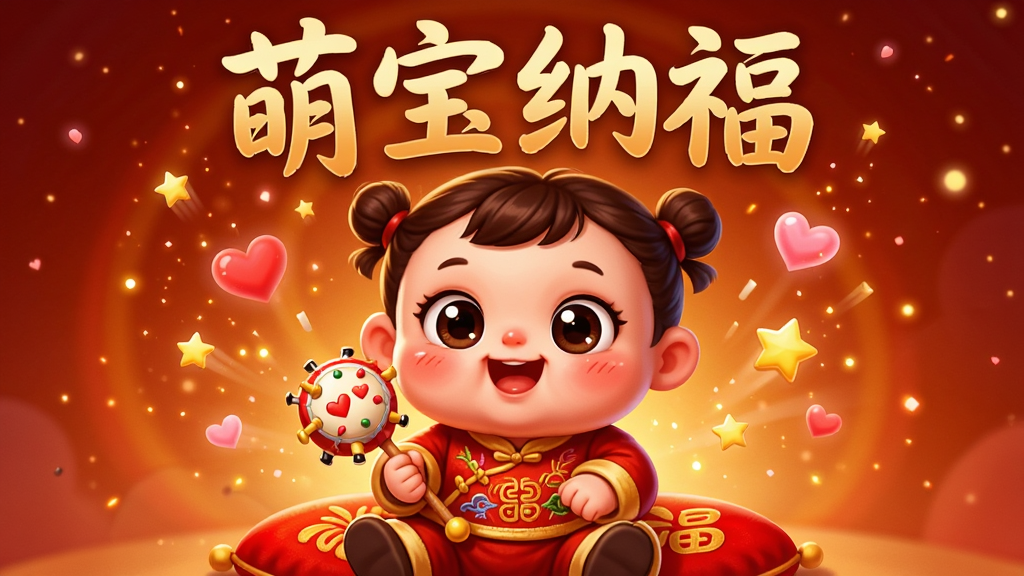 一个圆脸大眼的卡通萌宝坐在红色福垫上,周围漂浮着爱心和星星粒子特效,萌宝手中拿着拨浪鼓,背景是温暖的橙红色光晕,布局上萌宝位于画面中下方,上方用金色字体写着“萌宝纳福”,风格为Q版卡通渲染,细节上萌宝脸颊有红晕、衣服有刺绣纹路、粒子有发光效果,画质高清、干净、无多余元素