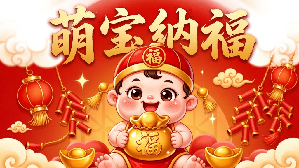 画面中央是一个穿着红色肚兜、头戴福字帽的卡通萌宝形象,双手捧着金色福袋,周围环绕灯笼、鞭炮、元宝和祥云元素,整体采用红金配色,背景为喜庆的红色渐变,布局上萌宝居中占据主要视觉位置,上方留白处用金色毛笔字体写着“萌宝纳福”四个大字,风格为卡通国潮插画,细节上萌宝表情憨态可掬、福袋有光泽感、灯笼有流苏,画质高清、干净、无多余元素