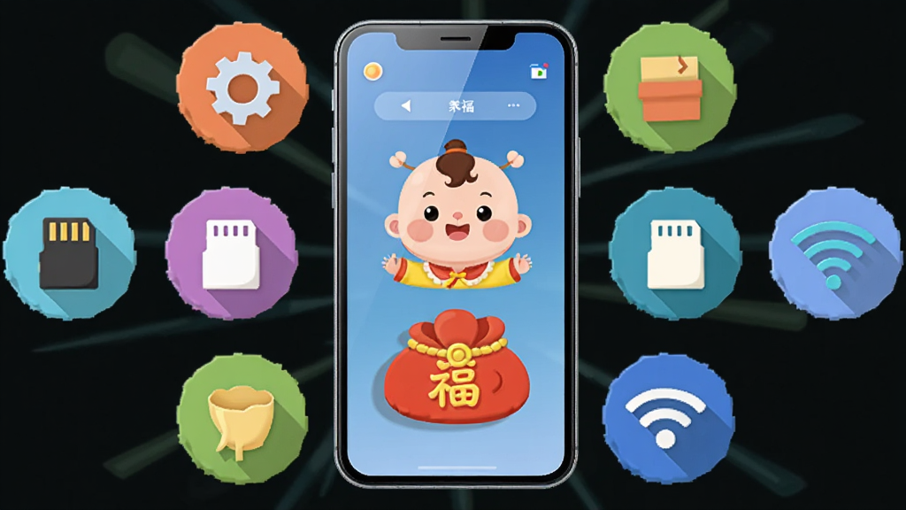 一部智能手机屏幕显示萌宝纳福主界面,界面中有卡通萌宝和红色福袋按钮,手机周围有设置齿轮、存储卡、WiFi图标环绕,布局上手机居中、图标呈环形分布,风格为扁平科技插画,细节上手机有边框和反光、图标有阴影、界面有层次感,画质高清、干净、无多余元素