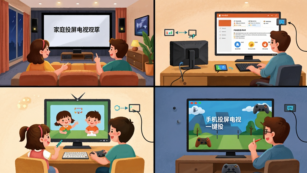 一个分屏画面展示四种使用场景,左上角是家庭影院观影、右上角是办公室PPT演示、左下角是儿童在线教育、右下角是游戏投屏,布局为四宫格,风格为温馨生活插画,细节包含不同场景的人物动作、设备状态、投屏连接线,画质清晰,干净无多余元素,画面中文字内容为“手机投屏电视一键投”