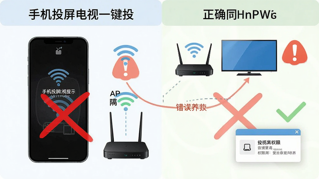 一部手机屏幕显示投屏失败提示,旁边有路由器、电视和感叹号图标,画面中用红色叉号标记错误连接方式,用绿色对勾标记正确连接同一WiFi的方式,布局为左右对比,风格为信息图表风,细节包含WiFi信号图标、AP隔离文字、权限弹窗示意,画质清晰,干净无多余元素,画面中文字内容为“手机投屏电视一键投”