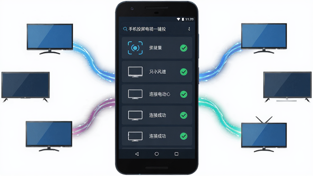 一部安卓手机屏幕显示设备列表界面,周围环绕着多个智能电视图标,手机与电视之间用动态光效线条连接,布局为手机居中、电视图标呈环形分布,风格为扁平化科技插画,细节展示信号搜索动画、设备名称标签、连接成功打钩标记,画质高清,干净无多余元素,画面中文字内容为“手机投屏电视一键投”