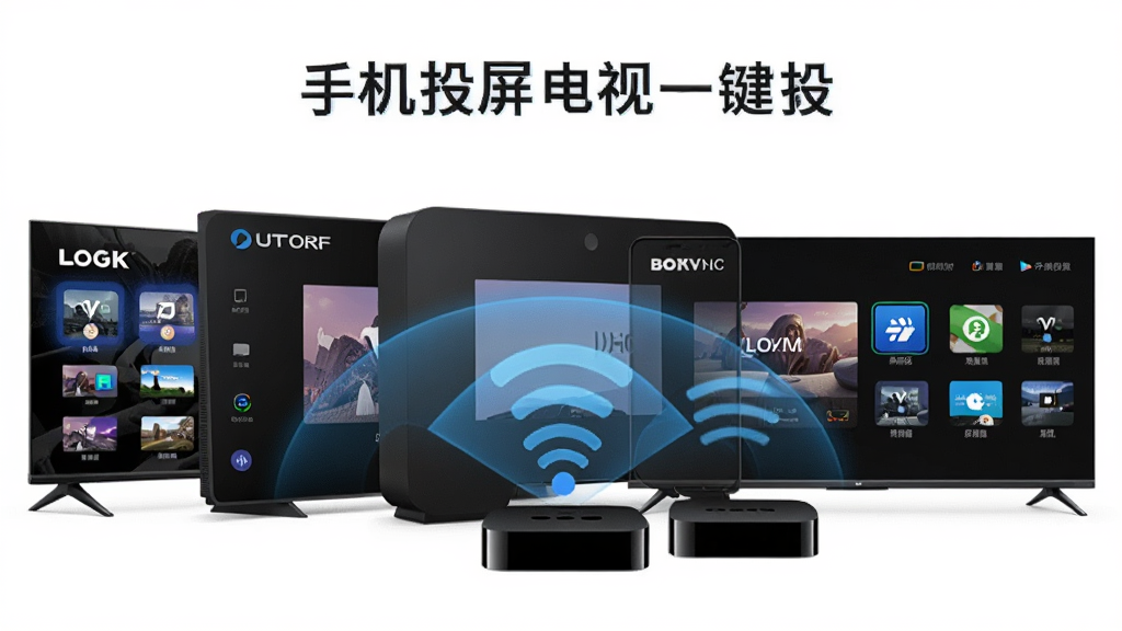 一排不同品牌的智能电视和机顶盒整齐排列,每台设备屏幕上都显示投屏成功的画面,手机位于画面正前方发出无线信号覆盖所有设备,布局为扇形排列,风格为产品展示风,细节包含各品牌Logo位置、设备外观差异、信号覆盖范围示意,画质高清,干净无多余元素,画面中文字内容为“手机投屏电视一键投”