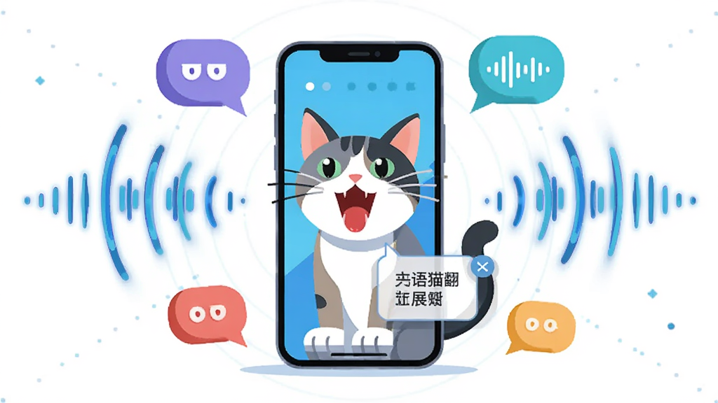 语猫狗翻译实时语音识别功能展示,主体为一只正在叫唤的猫咪和手机屏幕,布局为手机位于画面中央,周围环绕着声波图标和情绪气泡,排版采用发散式,风格为科技感扁平插画,细节包括声波动画和翻译结果弹窗,画质清晰,干净无杂乱