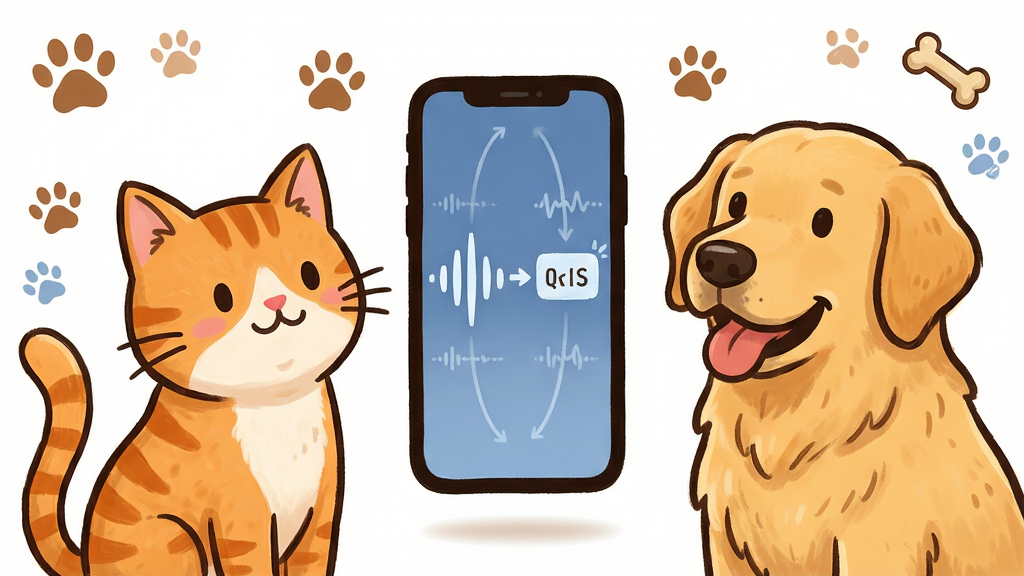语猫狗翻译软件主界面展示,主体为一只可爱的橘猫和一只憨厚的金毛犬面对面,中间悬浮着手机屏幕,屏幕内显示声波转化为文字的动画特效,布局采用左右对称构图,排版清晰,风格为温馨卡通手绘风,细节处带有猫爪印和狗骨头图标点缀,画面干净明亮,画质高清,无多余元素