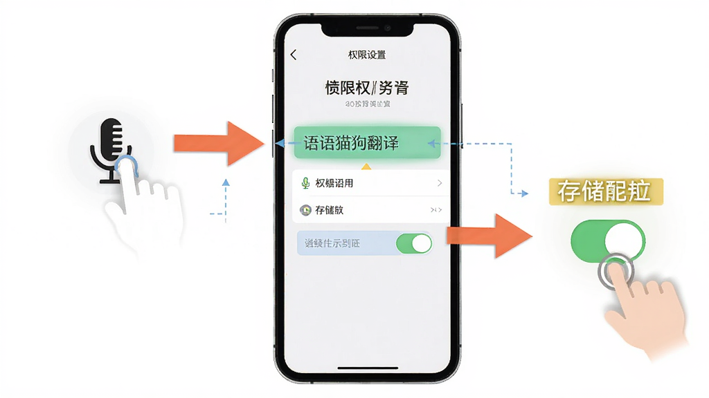 语猫狗翻译新手操作示意图,主体为一部手机屏幕显示权限设置界面,布局为手机居中,旁边有箭头指向麦克风和存储权限开关,排版直观,风格为简洁UI示意图,细节包含高亮提示框和手指点击图标,画质清晰,干净无杂乱元素