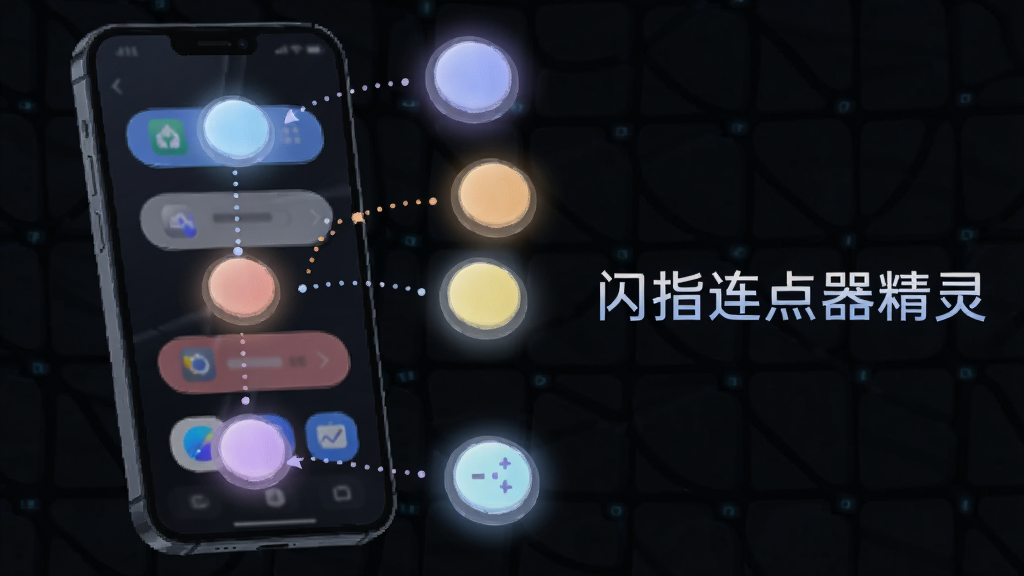 一部手机屏幕中同时出现五个彩色点击光圈,每个光圈连接着虚线指向不同的应用按钮,画面右侧悬浮着“闪指连点器精灵”字样,背景为深色科技网格,光圈发出柔和的蓝紫色光晕,整体风格为数字科技插画,构图均衡,画质清晰,干净无杂乱元素
