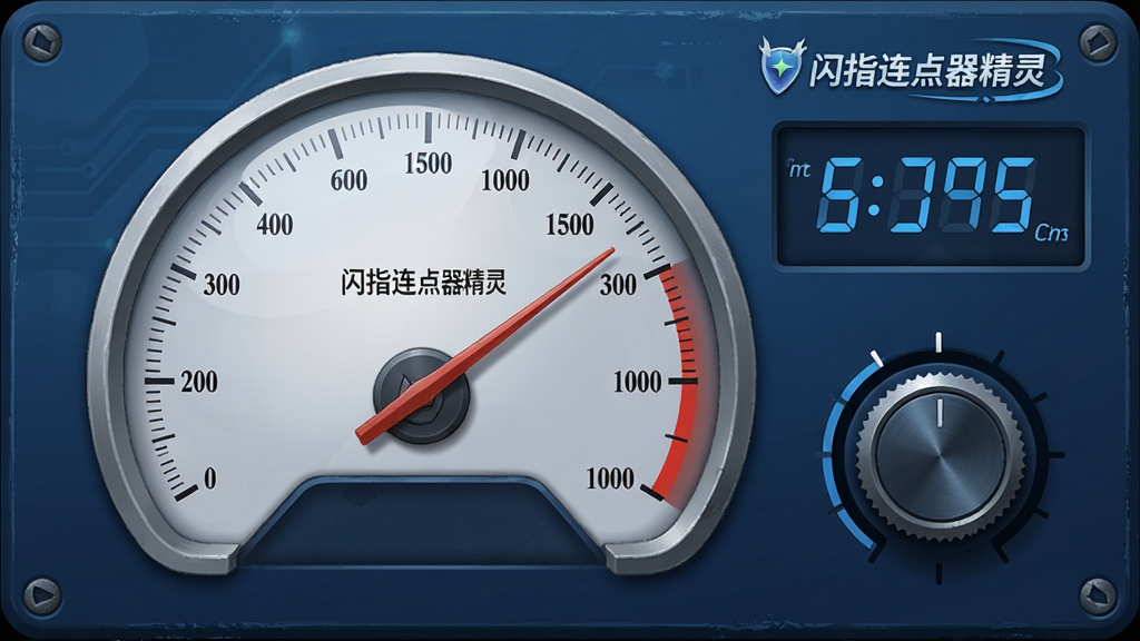 一个精细的仪表盘界面,刻度从0到1000毫秒,指针指向中间位置,仪表盘旁边有“闪指连点器精灵”的标识,背景为深蓝色科技感面板,带有数字显示屏与调节旋钮,风格为写实科技插画,细节丰富,画质清晰,干净利落