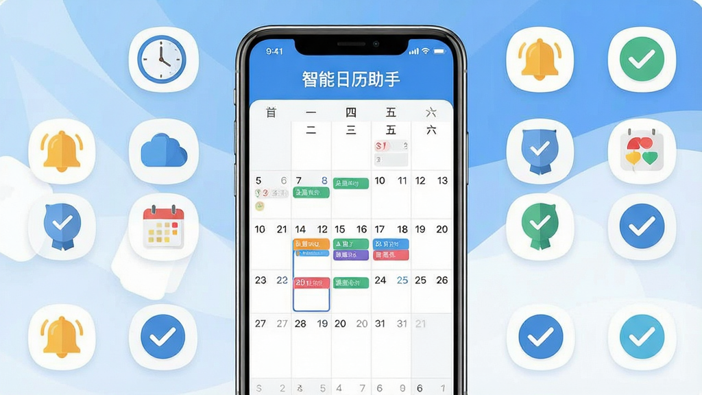 一张展示智能日历助手软件主界面的宽幅预览图,画面中央是手机屏幕,屏幕内显示月视图日历网格与彩色日程标签,顶部有“智能日历助手”文字标题,周围环绕时钟、铃铛、对勾等扁平化图标,整体采用蓝白清新配色,布局简洁对称,风格为现代扁平化UI设计,细节清晰,画质干净,无多余元素