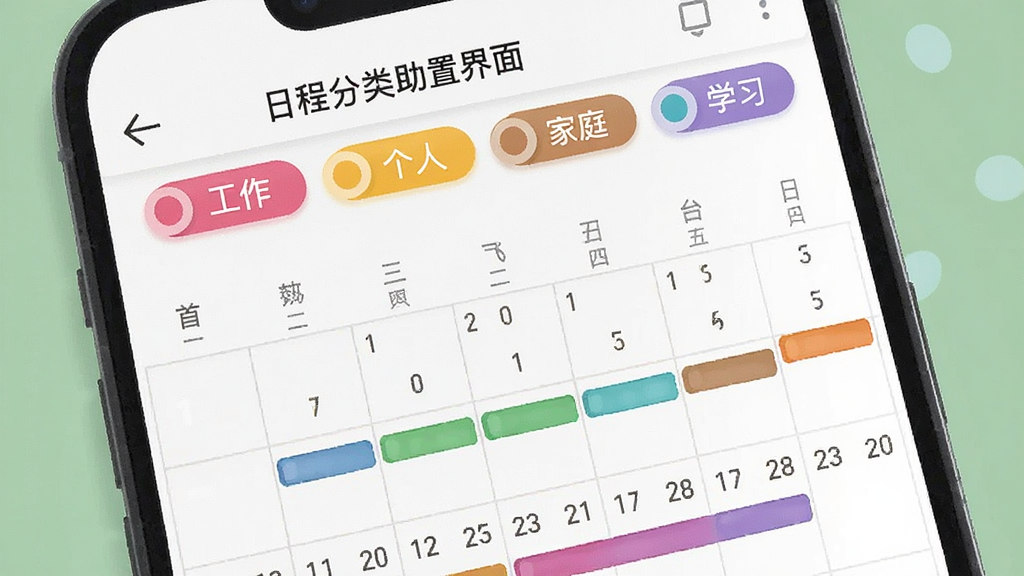 智能日历助手日程分类设置界面图,手机屏幕上显示多个彩色标签,标签上分别写着“工作”“个人”“家庭”“学习”,每个标签配有不同颜色的圆点,下方是日历网格,网格中散布着对应颜色的日程条,风格为扁平化UI设计,布局清晰,画质干净,无多余元素