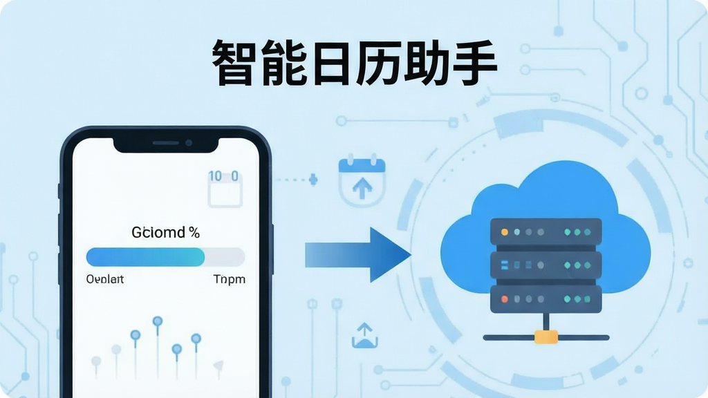一张展示智能日历助手数据备份与恢复功能的示意图,画面左侧是手机备份进度条,右侧是云端服务器图标,中间用箭头连接,屏幕上方显示“智能日历助手”文字,背景为科技感淡蓝色,风格为扁平化信息图,细节清晰,画质干净,无多余元素