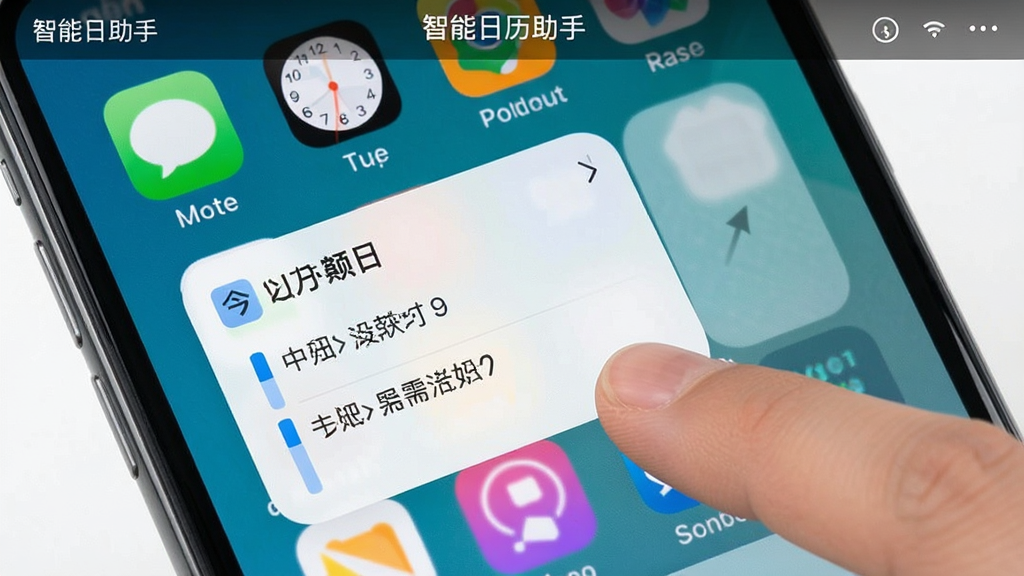 一张智能日历助手在手机桌面添加小组件的操作示意图,画面展示手机主屏幕,屏幕上有多个应用图标,其中一个小组件显示今日日期和两条日程,手指正长按屏幕空白处,屏幕顶部有“智能日历助手”小字,风格为写实操作截图,布局清晰,画质干净,无多余元素