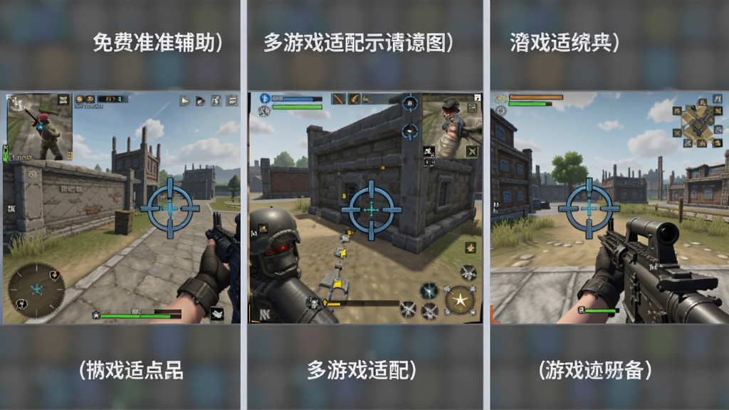 免费准星辅助器多游戏适配示意图,画面中同时展示三款不同射击游戏界面,每个界面都有准星悬浮,布局为三宫格排列,风格统一简洁,画质干净