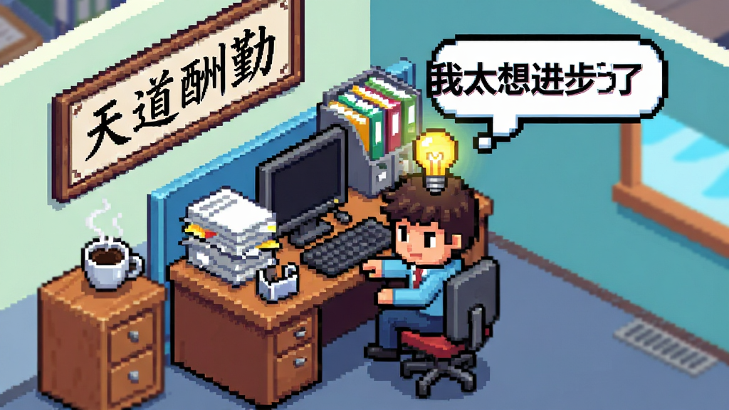 画面主体是一个像素风格的办公室场景,一个年轻小人坐在堆满文件的办公桌前,头顶有一个发光的灯泡和“我太想进步了”气泡;布局采用俯视45度角,展示整个办公环境;风格为复古像素艺术,色彩明快;细节上桌角放着一杯冒热气的咖啡,墙上挂着“天道酬勤”的书法;画质清晰、干净、无多余元素,充满游戏感。