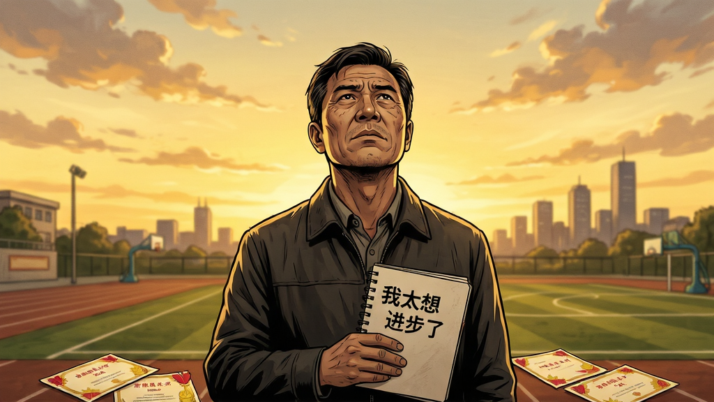 画面主体为一个身穿深色夹克的中年男子站在空旷的操场上,仰头望向天空,表情坚毅又略带沧桑;布局采用居中构图,人物占据画面中心三分之一;背景是傍晚的晚霞和远处的城市剪影;风格为写实风格融合轻微漫画感;细节上人物手中握着一本写着“我太想进步了”字样的笔记本,脚下散落几张奖状;画质要求高清、干净、无多余元素,整体色调偏暖黄,突出怀旧与奋斗氛围。