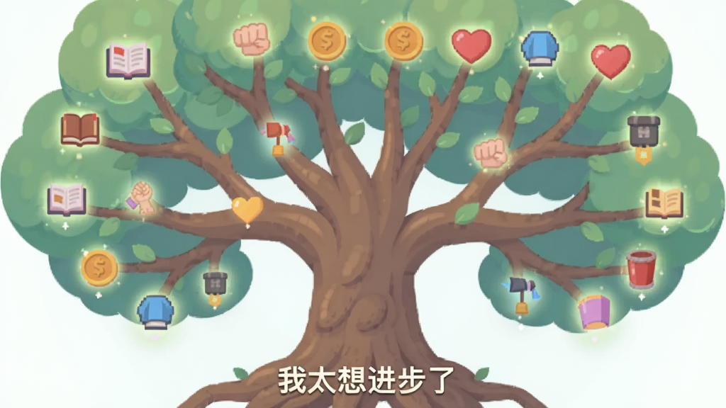 画面主体是一棵巨大的技能树,树枝上挂满了各种图标,如书本、拳头、钱币、爱心等,树根处写着“我太想进步了”;布局采用中心放射状;风格为扁平化设计,色彩柔和;细节上每个图标都带有微小的发光效果;画质干净、清晰、无多余元素,适合作为游戏界面参考。