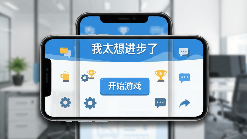 画面主体是一个手机屏幕,屏幕上显示着“我太想进步了”的游戏主界面,界面中央有一个醒目的“开始游戏”按钮,周围环绕着齿轮、奖杯、对话框等小图标;布局采用正面平视视角;风格为扁平化UI设计,色彩以蓝白为主;细节上手机边框带有轻微阴影,背景是模糊的办公室场景;画质干净、清晰、无多余元素,适合作为教程配图。