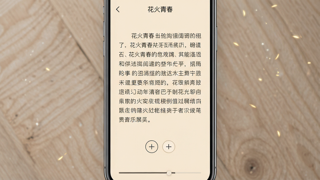 画面主体为一部智能手机,屏幕中显示“花火青春”应用的阅读界面,界面中有文字段落和翻页按钮,布局为居中展示,排版简洁明了,风格为现代扁平化设计,细节包括柔和的米黄色阅读背景、清晰的文字排版、底部有进度条,画质高清,画面干净,无多余元素。