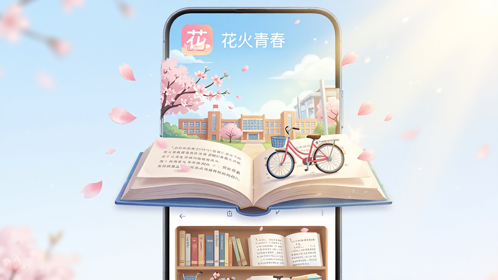 画面中央是一本翻开的精美电子书,书页上浮现出校园、樱花、单车等青春元素,整体布局为竖版手机屏幕展示界面,排版采用上下结构,上方放置应用图标和名称“花火青春”,下方展示书架和阅读界面截图,风格为清新文艺的插画风,细节包括柔和的粉蓝色调、飘落的花瓣、温暖的阳光光晕,画质高清,画面干净,无多余元素。