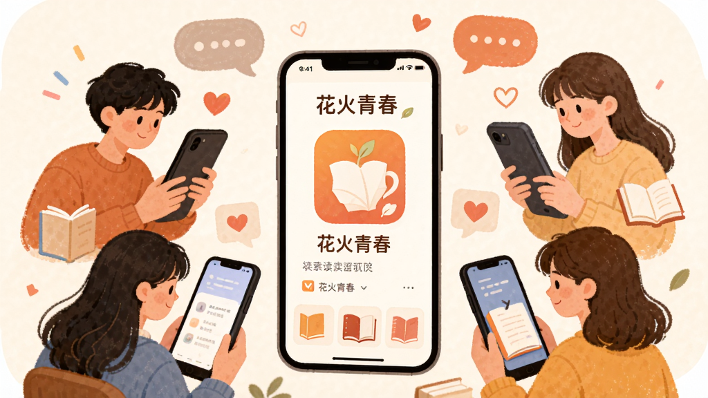 画面展示一个温馨的线上读书社区场景,多位年轻人通过手机屏幕连接在一起,中央是“花火青春”应用界面,布局为环绕式构图,排版活泼自由,风格为温暖治愈的插画风,细节包括飘浮的对话气泡、爱心图标、书本元素,画质高清,画面干净,无多余元素。