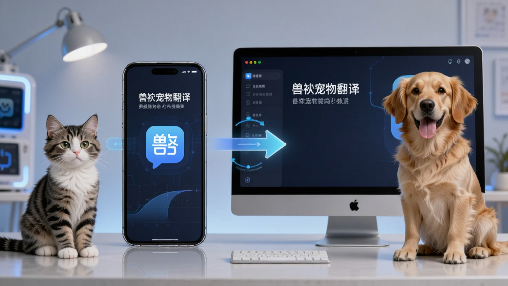 手机和电脑同时显示“兽宠物翻译”界面,中间有数据同步箭头连接,手机旁边有一只猫咪,电脑旁边有一只狗狗,整体布局左右对称,风格简洁科技感,高清画质,无多余元素