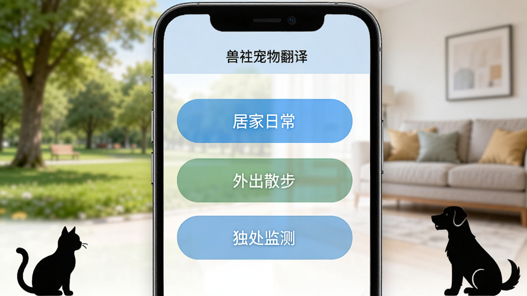 手机屏幕显示“兽宠物翻译”场景选择界面,有“居家日常”“外出散步”“独处监测”三个选项按钮,背景是公园和客厅的虚化图案,一只猫咪和一只狗狗的剪影出现在画面角落,简洁明快,高清画质
