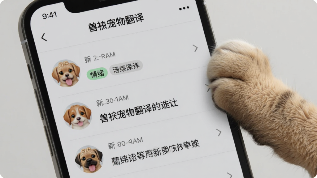 手机屏幕展示“兽宠物翻译”历史记录列表,每条记录包含时间、宠物头像、情绪标签和简短文字描述,界面排版整洁,背景为浅灰色,一只猫咪的爪子搭在手机边缘,高清画质,无多余装饰