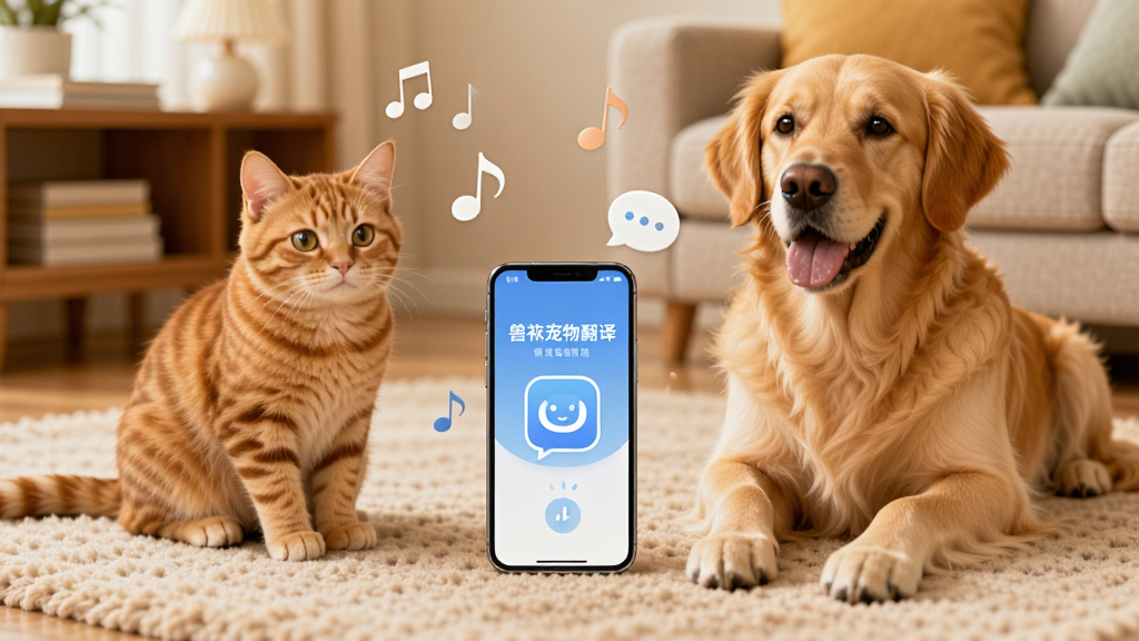 一只橘猫和一只金毛犬坐在客厅地毯上,中间放着一部智能手机,手机屏幕显示“兽宠物翻译”界面,周围有音符和对话气泡元素,暖色调居家环境,画面简洁干净,高清画质,无多余元素