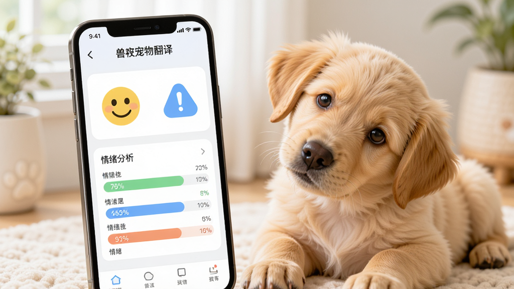 手机应用界面展示“兽宠物翻译”情绪分析结果页面,屏幕上有黄色笑脸图标、蓝色警示图标和情绪百分比条形图,一只小狗趴在旁边歪头看屏幕,整体风格清新柔和,高清画质,排版整齐