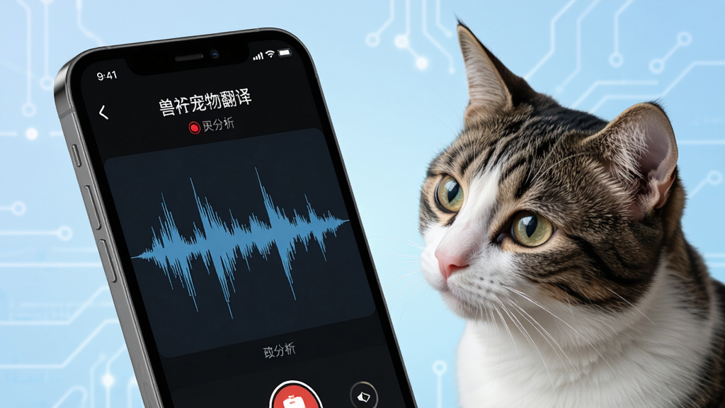 手机屏幕特写,显示“兽宠物翻译”正在录音分析界面,声波波形图清晰可见,旁边有一只猫咪好奇地看着手机,背景是浅蓝色科技感渐变,画面干净整洁,高清画质