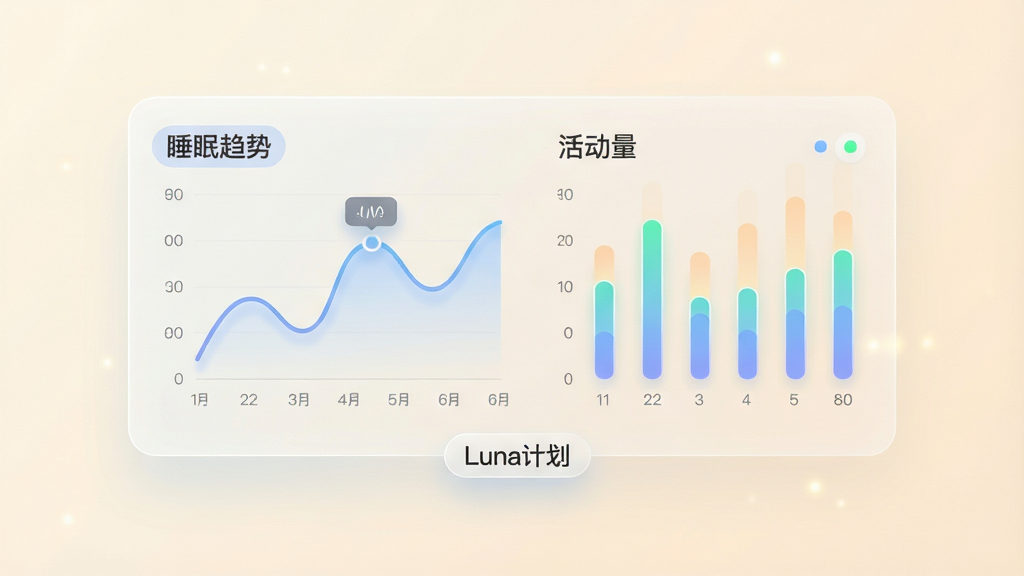 Luna计划个性化健康追踪功能展示图,画面以浅色背景为主,中央放置一个半透明的数据面板,面板内展示折线图与柱状图组合,左侧为睡眠趋势曲线,右侧为活动量柱形,下方有“Luna计划”字样的小标签,整体风格清新柔和,布局对称工整,细节处有微光与圆角处理,画质清晰,无多余装饰元素。