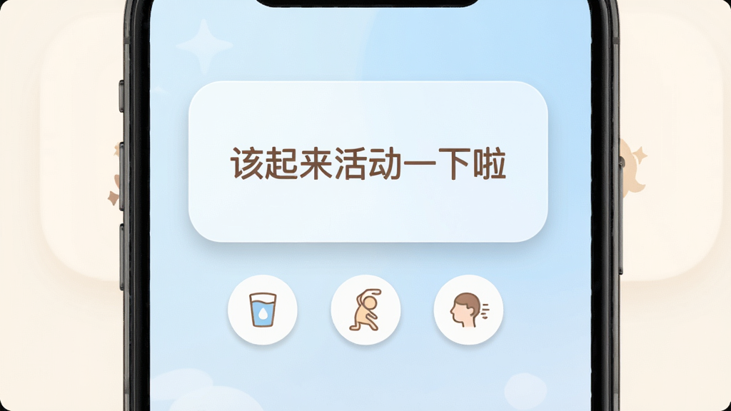 Luna计划习惯养成提醒界面预览图,画面展示手机屏幕内有一张圆角卡片,卡片上写着“该起来活动一下啦”的柔和提示语,背景为淡蓝色渐变,卡片下方有三个小图标分别代表喝水、伸展与呼吸练习,整体排版简洁,风格温暖友好,细节有轻微阴影与圆角,画质干净,无杂乱元素。