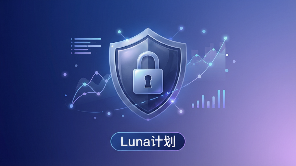 Luna计划数据隐私保护概念图,画面以深蓝色与浅紫色渐变背景为主,中央展示一个盾牌图标与数据锁组合,盾牌表面有细微的光泽纹理,周围环绕着简洁的图表线条与圆点,下方有“Luna计划”文字标签,整体风格沉稳且具有科技感,布局居中,细节精致,画质清晰,无多余元素。