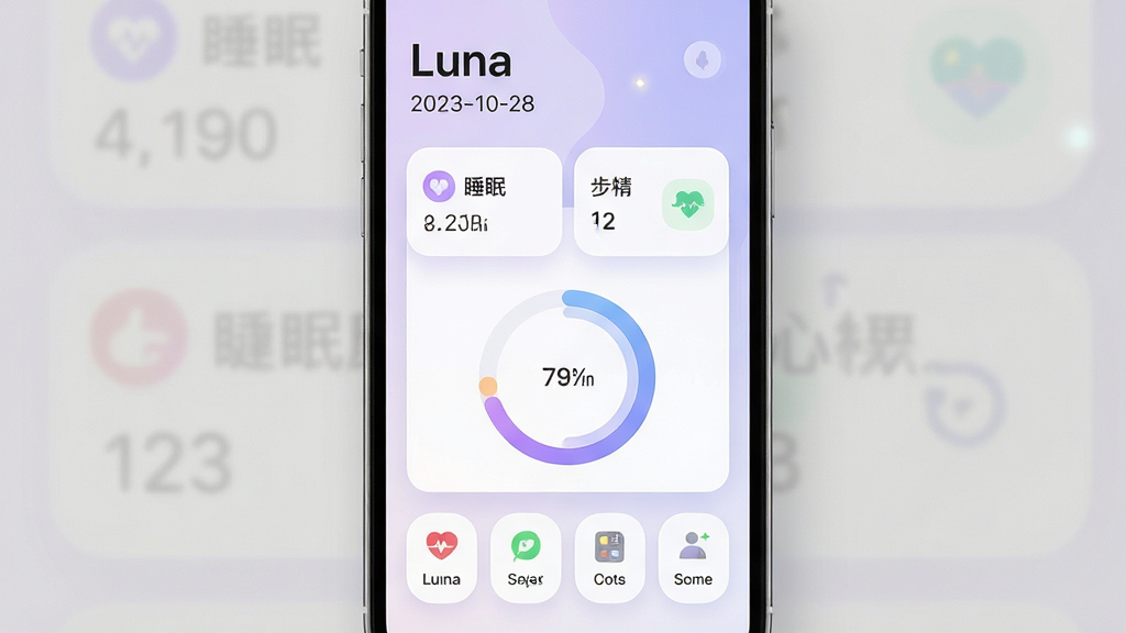 Luna计划健康管理应用主界面预览图,画面中央展示一部智能手机,屏幕内呈现柔和的浅紫色渐变背景与简洁的健康数据卡片,包含睡眠时长、步数记录与心情标记图标,布局采用上下分层结构,上方为问候语与日期,中部为环形数据图表,下方为四个圆角功能入口,整体风格清新简约,细节处有微光点缀与圆润图标,画质清晰干净,无多余元素。
