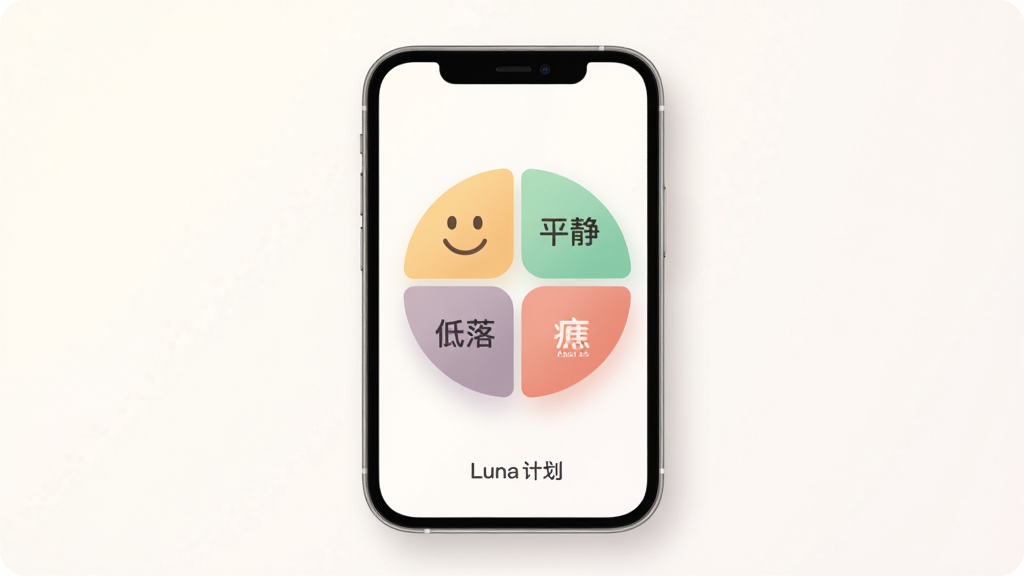 Luna计划情绪记录功能示意图,画面中央为一部手机,屏幕内显示一个圆形情绪选择盘,盘面分为六个扇形区域,分别用不同颜色与简洁表情符号表示开心、平静、疲惫、焦虑、低落与兴奋,下方有“Luna计划”小字标识,整体风格柔和圆润,布局居中对称,细节有轻微渐变与阴影,画质清晰,无多余元素。