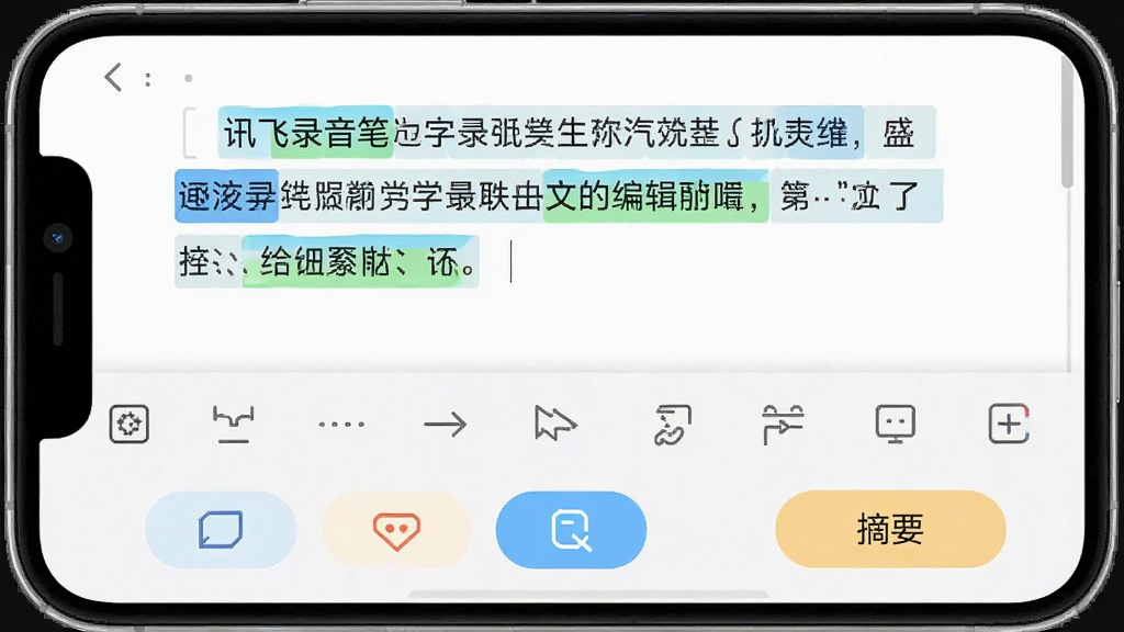 主体是讯飞录音笔的文字编辑与标记界面,布局为手机屏幕显示文本编辑区与工具栏,排版上方是文字、下方是标记按钮,风格清爽简约,细节有高亮色块、标签图标、摘要按钮,画质高清干净,画面中文字标注“讯飞录音笔”