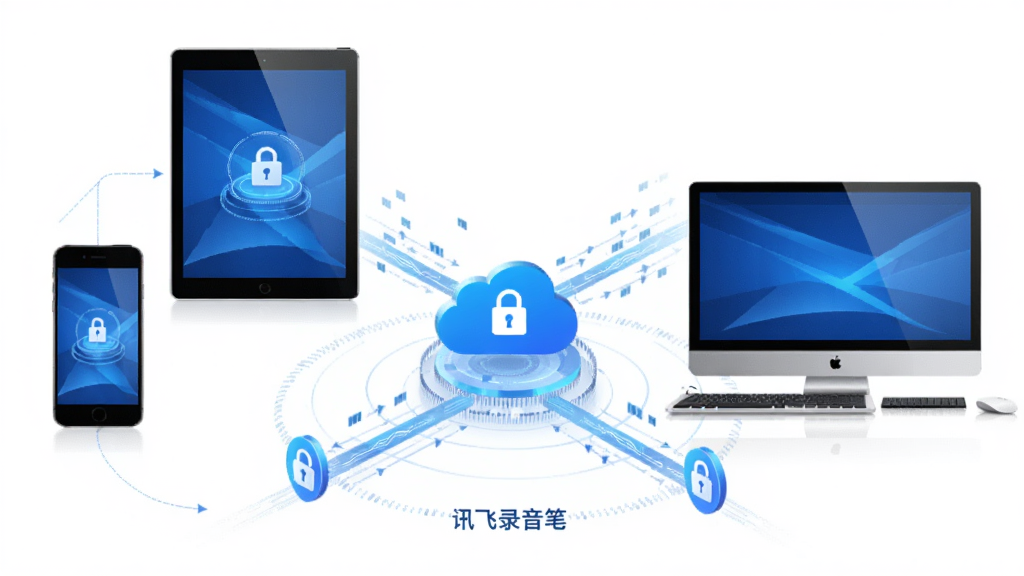主体为讯飞录音笔云端同步示意图,布局为手机、平板、电脑三端环绕云端图标,排版呈放射状,风格科技蓝调,细节有数据流线条、锁形安全图标,画质清晰干净,画面中文字标注“讯飞录音笔”