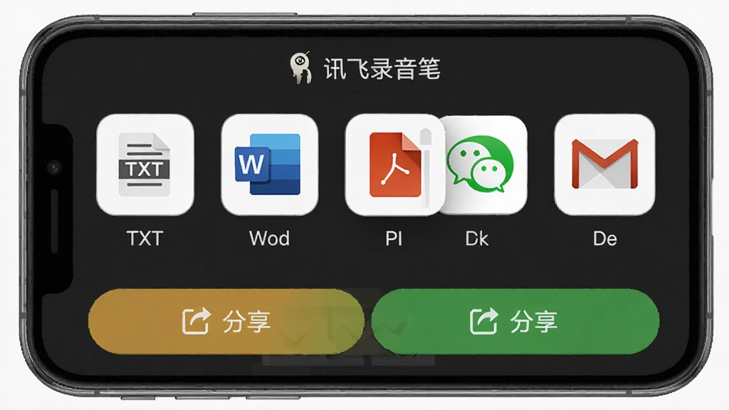 主体是讯飞录音笔的导出与分享功能界面,布局为手机屏幕展示多个格式图标与分享按钮,排版整齐,风格扁平化,细节包括TXT、Word、PDF图标、微信与邮件标志,画质高清干净,画面中文字标注“讯飞录音笔”