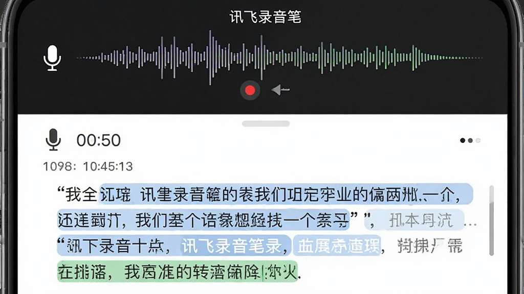 主体为讯飞录音笔App的实时转写界面,布局为手机竖屏展示,排版上方是录音波形图、下方是滚动文字,风格简洁商务,细节有麦克风图标、时间戳、转写文字高亮,画质清晰干净,画面中文字标注“讯飞录音笔”