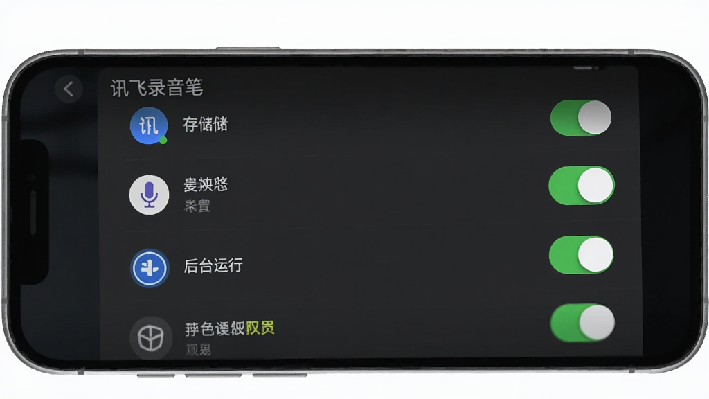 主体是讯飞录音笔在手机上的权限设置界面,布局为手机屏幕展示权限开关列表,排版清晰,风格简洁实用,细节包括存储、麦克风、后台运行等权限图标,画质高清干净,无多余元素,画面中文字标注“讯飞录音笔”