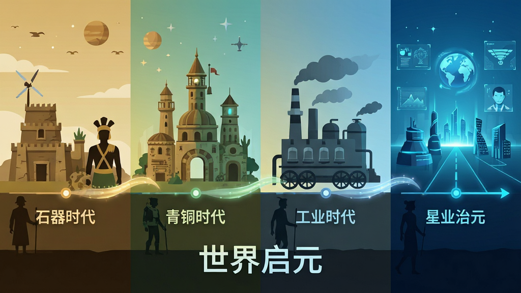 画面以时间轴形式展开,从左到右依次呈现石器时代、青铜时代、工业时代与星际时代的代表建筑与人物剪影,每个时代之间用光带连接。整体采用扁平插画风格,色调从土黄渐变到科技蓝,排版横向延展,细节精致,画质清晰,画面干净,无多余元素,底部居中文字“世界启元”。