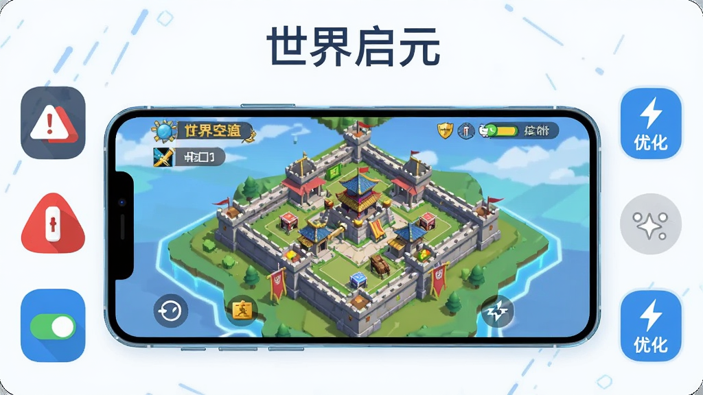 画面展示一部智能手机横屏运行游戏,屏幕内是城池界面,手机周围有存储空间、权限开关、省电模式等图标,旁边有红色警示标志与蓝色优化标志。整体采用扁平科技风格,色调以蓝白为主,细节清晰,画质干净,无多余元素,顶部居中文字“世界启元”。