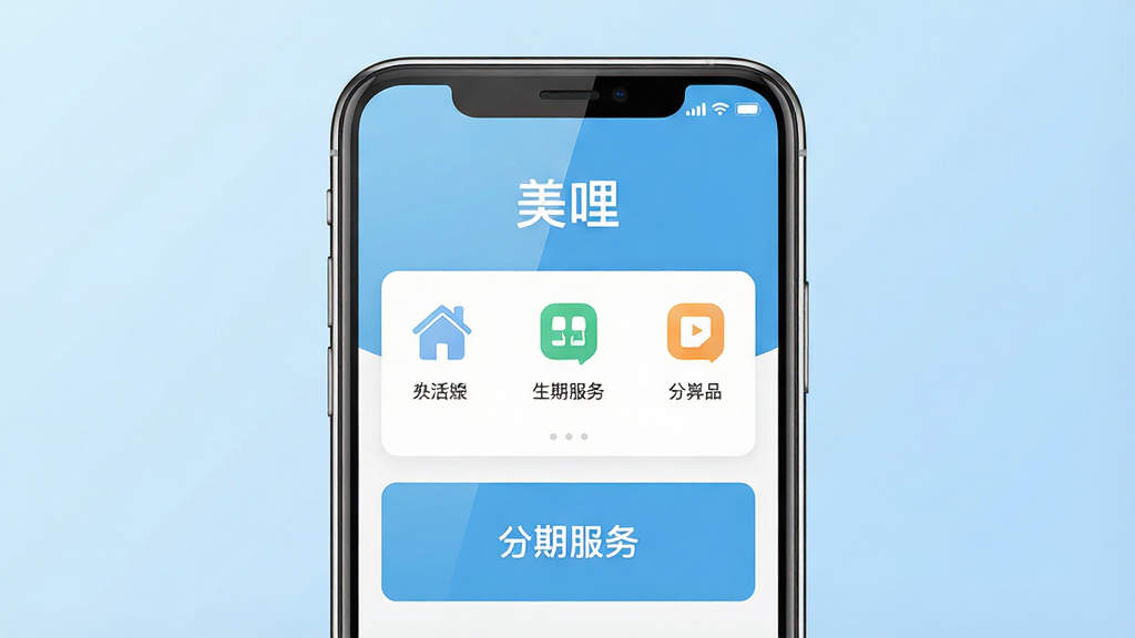 一张手机应用展示图,主体为一部现代智能手机,屏幕上显示“美哩”应用的主界面,界面包含生活服务图标与分期服务入口,布局居中对称,排版简洁清晰,风格为扁平化科技风,细节包括手机边框高光、屏幕反光、背景为浅蓝色渐变,画质高清,干净,无多余元素