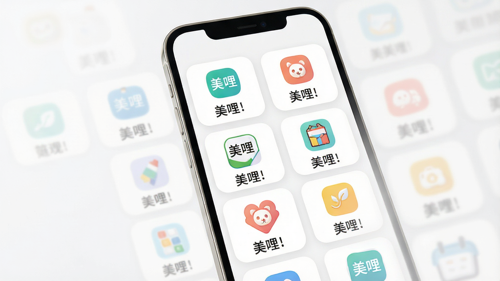 一张应用功能界面展示图,主体为手机屏幕,屏幕上排列多个“美哩”功能卡片,布局为网格状,排版整齐,风格为清新浅色系,细节包括卡片圆角、图标彩色、背景为白色,画质高清,干净,无多余元素