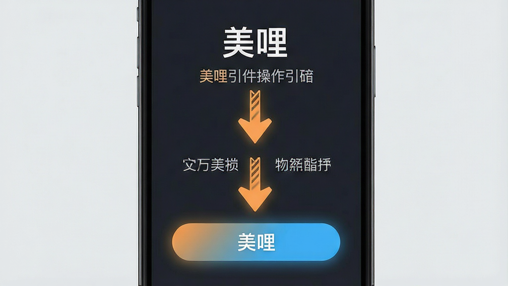 一张应用操作引导图,主体为手机界面,屏幕上显示“美哩”的操作指引箭头与文字说明,布局为上下结构,排版清晰,风格为极简商务风,细节包括箭头高亮、按钮突出、背景为浅灰色,画质高清,干净,无多余元素