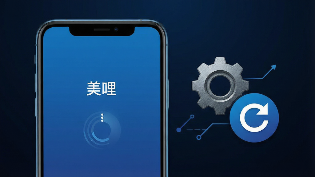 一张手机应用故障排查示意图,主体为手机屏幕显示“美哩”加载界面,旁边有齿轮与刷新图标,布局为左右结构,排版简洁,风格为科技蓝调,细节包括加载动画、齿轮质感、背景为深色渐变,画质高清,干净,无多余元素