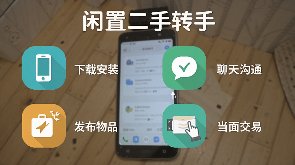 一部安卓手机展示闲置二手转手的使用流程,画面分为四个步骤图标:下载安装、发布物品、聊天沟通、当面交易,每个步骤配有简洁的图标和文字说明,风格扁平化,配色清新,画质干净,图片中带有“闲置二手转手”标题